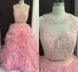 2017 Cheap Pink Two Pieces Quinceanera Ball Gown Dresses Jewel Neck Crystal Beaded Organza Long Ruffles Sweet 16 Party Prom Evening Gowns