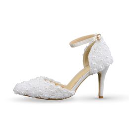 Newest Elegant White Lace With Pearls Flowers Decoration Buckle Strap Pointed Toe Handmake Party Prom Bridal Wedding High Heels