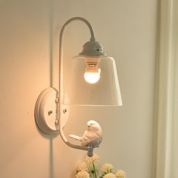 Modern White Resin Bird Glass Corridor Wall light Painted Iron Bedroom Wall Sconces Hallway Mirror Front Washroom Wall Lamp