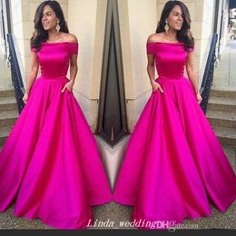 Fushcia Prom Dress With Pockets Arabic A Line Off The Shoulder Satin Sweep Train Long Formal Party Gown Custom Made Plus Size