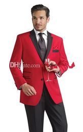 Custom Design Two Buttons Red Groom Tuxedos Black Notch Lapel Best Man Groomsmen Men Wedding Suits (Jacket+Pants+Girdle+Tie) OK:810