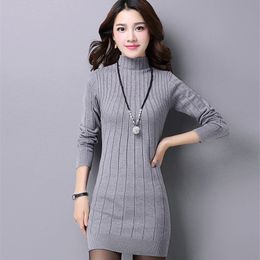 Wholesale- new fashion women autumn winter slim sweater female turtleneck long sleeve thick medium-long knitted pullover one piece dress