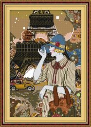 The Pretty Woman of Paris Eiffel Tower, DIY handmade needlework embroidery Set,counted print on canvas DMC 11CT 14CT Cross Stitch kit