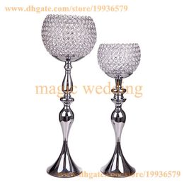 METEL GLOBE CANDLE HOLDERS STAND "KATRINA" CRYSTAL GOBLET 29" TALL SILVER WITH CRYSTALS BEAD FOR HOME DECOR