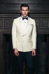 Classic Design Groom Tuxedos Groomsmen Double-Breasted Ivory Shawl Lapel Best Man Suit Wedding Men's Blazer Suits (Jacket+Pants+Tie) K386