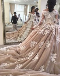 Mediaeval Ball Gown Wedding Dress Lace Up Champagne Long Train Off The Shoulder Bridal Gowns With Sleeves Plus Size