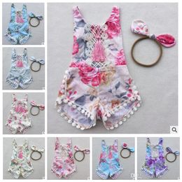 INS Baby Romper Tassel Jumpsuits Toddler Floral Print Bow Headband Tassel Summer Bodysuit Girl Cotton Climbing Fashion Rompers Clothing J33