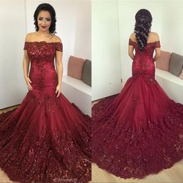 Vintage 2019 Burgundy Off The Shoulder Mermaid Wedding Dresses Long Bling Bling Sequined Lace Appliqued Plus Size Bridal Gowns Custom EN6304