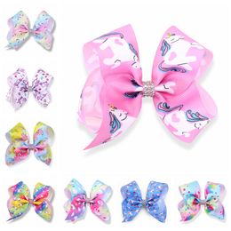 100pcs girl Newest 5" Unicorn hair bows clips character striation ombre bowknot hairpins with Rhinestone in Centre hair Accessories HD3511