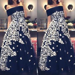 Off The Shoulder Prom Dresses With White Appliques Tulle A Line Evening Gowns Floor Length Formal Party Dress Custom Made Cheap Vestidos
