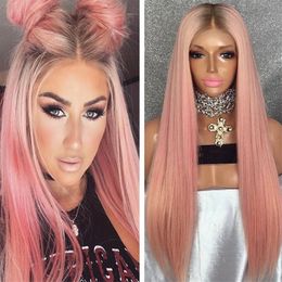 Two Tone Color SwissLace Front Wig Dark Roots 24inch Silky Straight Brazilian Virgin Human Hair Ombre Pink Full Lace Wigs Fast Express Delivery