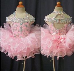 Real Image Toddler Pageant Dresses Pink Organza Cupcake Kids Prom Gowns Crystal Beaded Open Back With Bow Formal Girls Birthday Pa1926