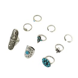 idealway Boho Vintage Gypsy Silver Joint Knuckle Nail Midi Finger Ring Turquoise Ring Set of 9 Rings