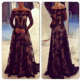 Stunning Long Sleeve Prom Dress High Quality Black Lace Off-Shoulder Sweep Train Evening Party Dress Plus Size vestidos de festa