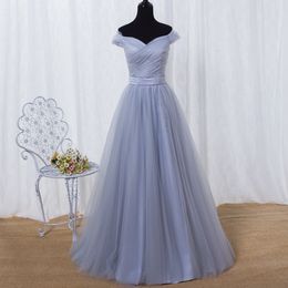 Smoky Grey Bridesmaid Dresses Off Shoulder Lace-up Back Pleats Tulle Wedding Party Dresses Burgundy,Royal Blue,Lavender evening gowns Cheap