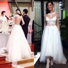 High Low A Line Wedding Dresses Bridal Gowns Sheer Long Sleeves Backless Bridal Wear Lace Appliques Custom Made