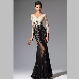 Sexy Sheer Lace Evening Dresses Black and White Mermaid Long Sleeves Evening Prom Dresses V Neck Sequins Appliqued Lace Prom Gowns