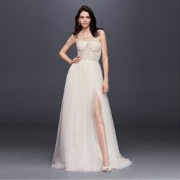 NEW! Strapless Wedding Dress with Tulle Slit Skirt Sheer Top Bodice Appliques Beaded Sexy Bridal Dresses vestido de noiva SWG764