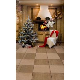 Indoor House Brick Fireplace Christmas Tree Backdrop for Photography Gift Boxes White Blanket on Chair Winter Holiday Photo Shoot Background