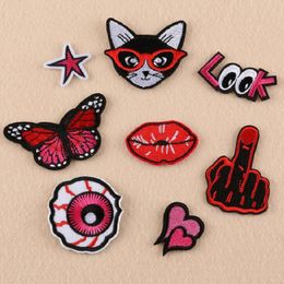 Iron On Patches DIY Embroidered Patch sticker For Clothing clothes Fabric Sewing red butterfly lip look finger design