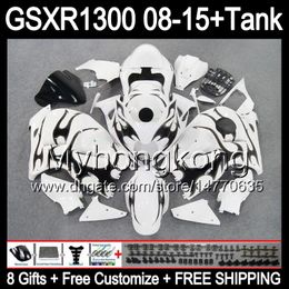 8gifts For SUZUKI Hayabusa GSXR1300 08 15 GSXR-1300 14MY34 black flames GSXR 1300 GSX R1300 08 09 10 11 12 13 14 15 Fairing gloss white Kit