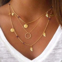 Europe and the United States Pendant Necklaces fashion jewelry fashion multi-layer geometric leaves round necklace