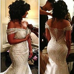 Major Beading Off The Shoulder Wedding Dresses Backless Sequin Bridal Gowns Sweep Train Mermaid Wedding Gowns Custom Made Bridal Vestidos