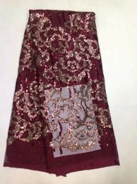 5 Yards/pc Most popular wine french net lace fabric with sequins flower design african mesh for dressing QN58-2