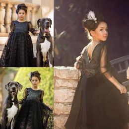 Lovely Black Lace Girls Pageant Gowns With Illusion Sleeves Sexy V Back Wedding Flower Girl Dresses With Bow Sash Kids Formal Wear