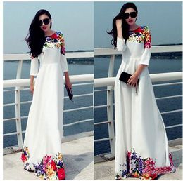 2017 Long Women Party Dresses White Floral Print Maxi Boho Beach Dress Press Plus Size Robe Vestido Longo Ropa Mujer