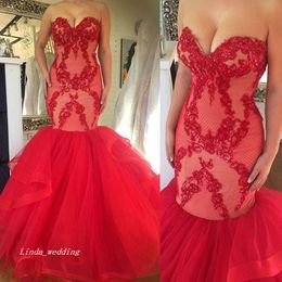 Long Sexy South African Red Dubai Sweetheart Prom Dress Arabic Lace Tulle Mermaid Evening Reception Party Gown Custom Made Plus Size