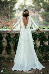Ivory Lace Bohemian Wedding Dresses 2019 Summer 3/4 Long Sleeve Wedding Gowns Chiffon Sexy Backless Arabic Beach Bridal Gowns custom made