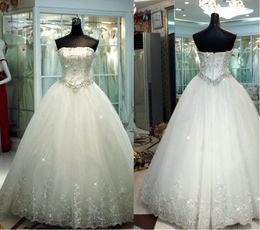 Fotos de modelo baratas Vestidos de casamento Vestidos de noiva 2017 Vintage Strapless Lace Beaded Appliques Vestidos de noiva Vestidos De Novia Custom Made
