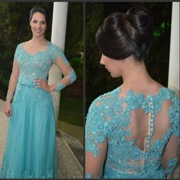 Mint A Line Mother of the Bride Dresses Sheer Jewel Neck Long Sleeves Mother Dresses with Lace Appliques Crystal Formal Evening Gowns