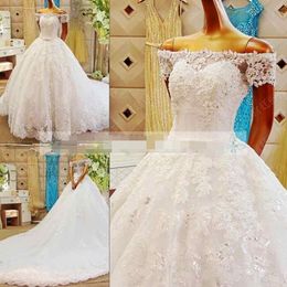 Luxurious Real Pictures Ball Gown Wedding Dresses 2017 Glitz Lace Appliques Princess Wedding Gowns Off the Shoulder Bridal Gowns