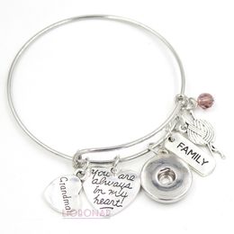 Wholesale Snap Jewellery Adjustable Expandable Wire Bangle Memorial Grandma Charm Bracelet Snap Button Bracelets for Family Grandma Gift