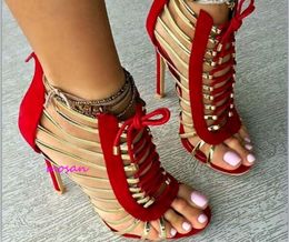 2017 fashion womens gladiator sandals peep toe high heels booties summer sandals caged boots party shoes stiletto heel cuts out dress shoes