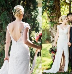Newest Sexy Backless Country Wedding Dresses Sheer Bateau Neck Lace Appliques Open Back High Split Bridal Gowns with Train