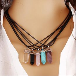 Fashion New PU Lether Chain Mens Womens Created Gemstone Natural Stone Hexagonal Prism Pile Pendant Necklace Women G288