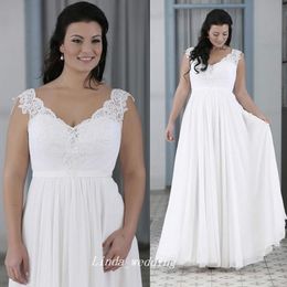 Sexy White Chiffon V Neck Wedding Dress A Line Long Lace Beach Bridal Party Gown Plus Size Vestido De noiva
