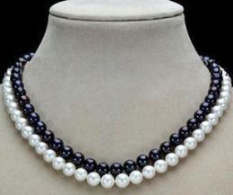 HOT SELL 2 ROW 9-10MM NATURAL AKOYA WHITE BLACK PEARL NECKLACE 17-18 INCH 925 SILVER CLASP
