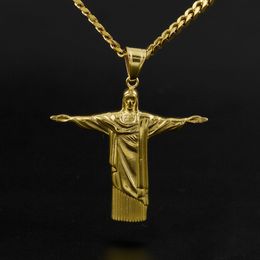 Hip Hop Cuba Chain 18k Gold Plated CZ Fully Iced-Out Rio de Janeiro Jesus Stainless Steel Pendant Necklace Mens Fashion Jewellery
