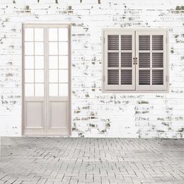 White Painted Brick Wall Floor Photo Backdrops Wooden Door Window Children Backgrounds for Studio Wedding Indoor Photography Props Wallpaper