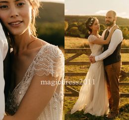 2019 Modern Wedding Dresses with Short Sleeves A-Line Deep V-Neck Major Beaded Jenny Packham Bridal Gowns for Vintage Garden Wedding wear