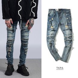 High Street Men Ripped Slim Fit Jeans Kanye West Knee Cuts Distressed Long Pants Vintage Light Blue Trousers