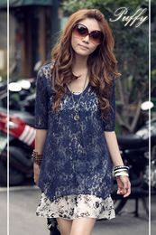 Summer Women's Elegant O-neck Short Sleeve Long Tops Lace Flower Chiffon Two-piece Slim Mini Dress Blue