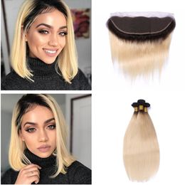 1b 613 Straight Hair Bundles With Lace Frontal Bleached Knots Two Tone Silk Straight Blonde Hair Bundles With Ear To Ear Lace Frontal