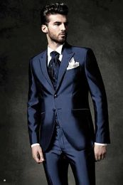 Men's Suits Blazers Fashionable Two Button Shiny Blue Groom Tuxedos Lapel Groomsmen Best Man Mens Weddings Prom (jacket+pants+vest+tie) No