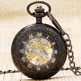 Wholesale-Elegant Glass Black Retro Roman Number Skeleton Dial Steampunk Mechanical Fob Pocket Watch With Chain For Men Women