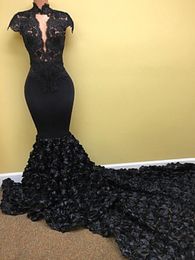 High Neck Black 2K17 Prom Dresses Long Cap Sleeves 3D Floral Flowers Lace Long Mermaid Evening Gowns Sexy Open Front Formal Party Dress